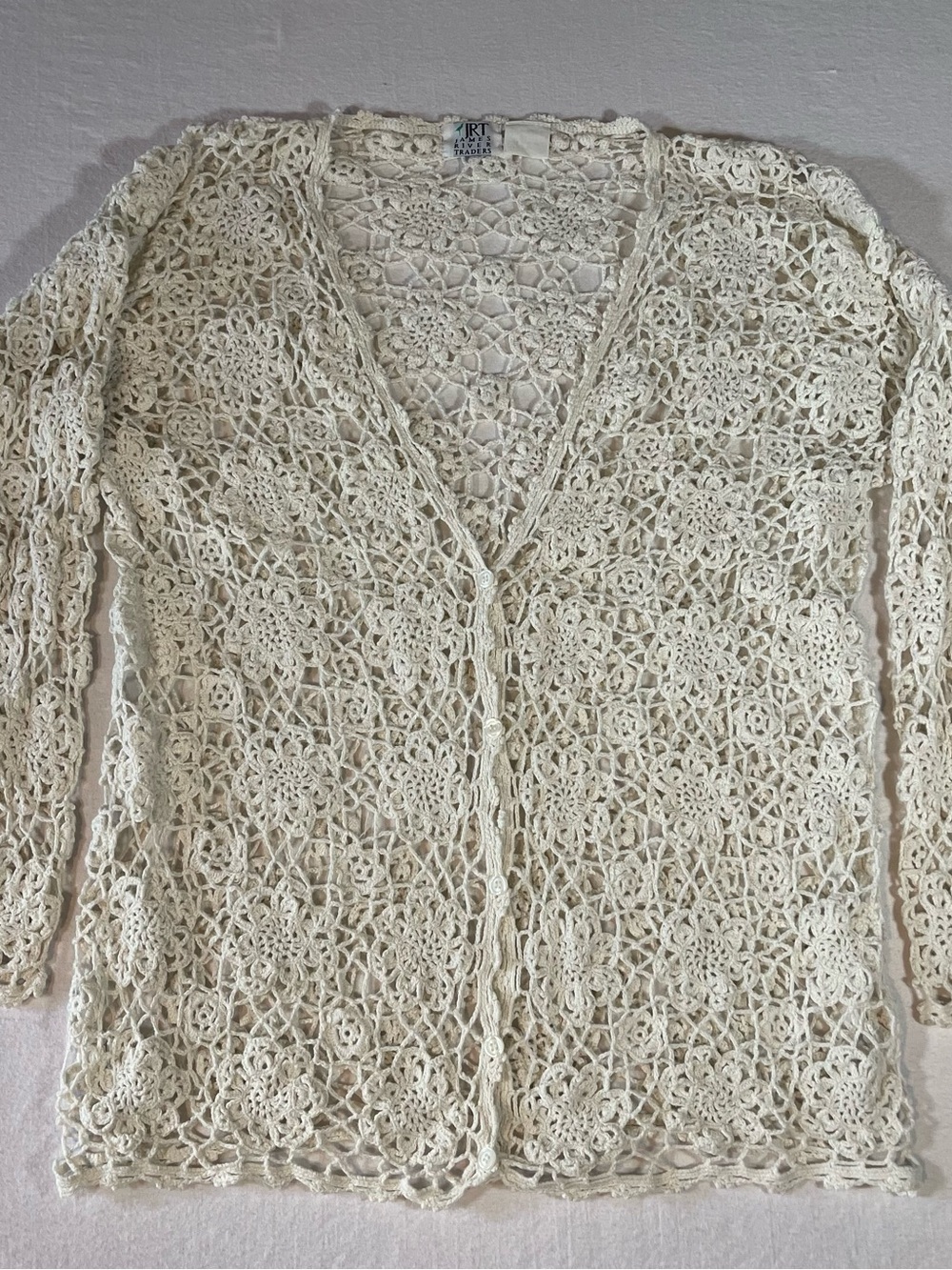James River Traders Vintage Women’s Open Crochet Floral Design Cardigan - Cream